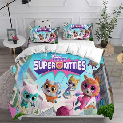Anime Super Kitties Dekbedovertrek, Super Kitties Beddengoedsets, 3D Digitaal Geprint Dekbedovertrek Kussensloopsets Kinderen Volwassen Maat 135x200cm 2pcs