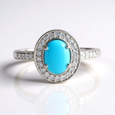 Cavill - Elegante Ring 925 Sterling Zilver met Sleeping Beauty Turkoois 0,93ct - Ovaal Cabochon - Platina Plating - Pave Zirkonia - Dames Sieraad