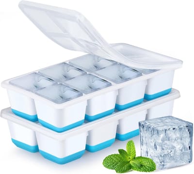 2 Stuks Grote Ijsblokjesvorm met Deksel - 8 ijsblokjes 4 cm grote ijsblokjes - BPA-vrij - Rubberen onderkant - blauw - oor bier, cocktails, whisky, koude dranken, ijs, babysnacks