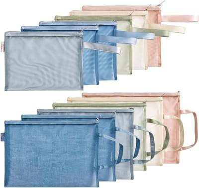 Transparante A4-documentmappen met ritssluiting, veelkleurige netvakken voor kantoor en school, 12 stuks, ideaal voor organisatie en opslag