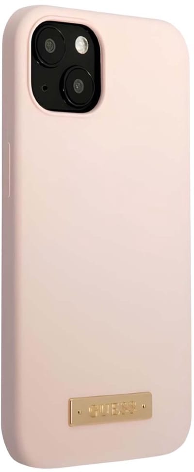 GUESS, Hoesje Geschikt voor Apple iPhone 13 mini MagSafe van siliconen met metalen logo, Roze