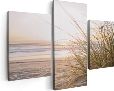 Artaza Canvas Schilderij Drieluik Strand En Duinen Tijdens Zonsondergang - 90x60 cm - Wanddecoratie Woonkamer - Schilderijen - Muurdecoratie