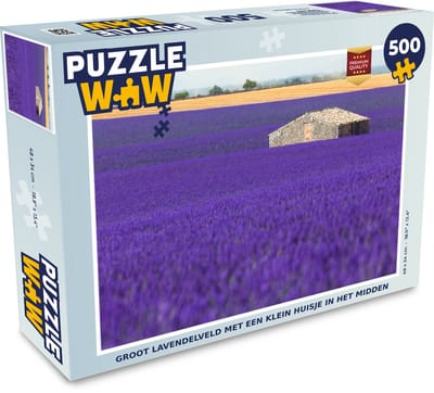 Puzzel Groot lavendelveld met een klein huisje in het midden - Legpuzzel - Puzzel 500 stukjes