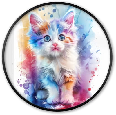 Poster in lijst Rond - Fotolijst 60x60 cm - Posters - Kat - Kleurrijk - Verf - Dier - Wit - Ronde posterlijst zwart - Decoratie - Wanddecoratie woonkamer - Muurdecoratie slaapkamer