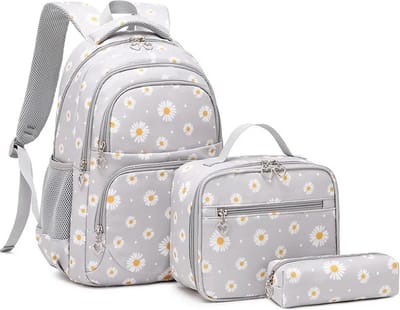 Ultiluxe® Rugzak met madeliefjesprint - Grijs/wit - Rugtas, lunchtas en etui - Schoolrugzak voor kinderen - Madeliefjes schoolrugtas - Bloemetjes - 6 inch laptoptas - 30 x 17 x 44 cm - Meiden school tassen set - 22 L - Schooltas voor meisjes
