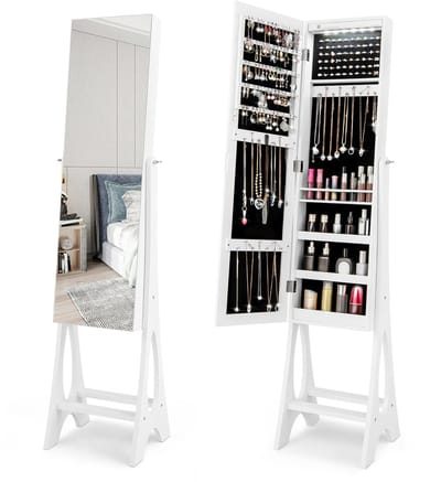 COSTWAY Sieradenkast, staande spiegel, afsluitbaar, 2-in-1 full-body spiegel met sieradenopslag, spiegelkast met 12 leds, vrijstaand (wit)
