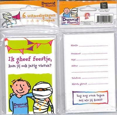 12 Uitnodigingskaartjes met envelop - Dummie de Mummie groen - 9 x 13.5 cm