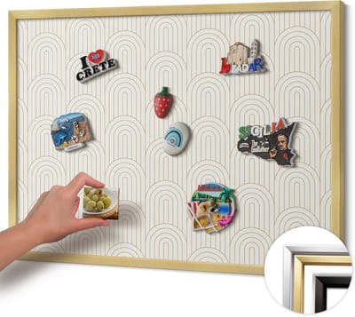 Wallfluent - Romig Magnetisch Bord met Kleurvariaties - 80 cm x 60 cm - Magneetbord met Gouden Frame - Lineaire regelmatige bogen - Magnetisch Bord Rechthoekig - Magneetbord met Effen Frame - Magnetisch Bord voor aan de Wand