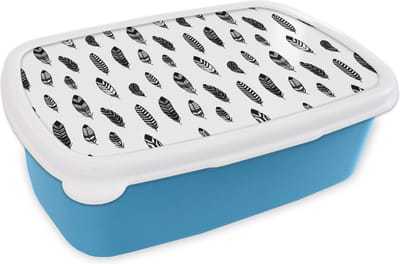 Broodtrommel Blauw - Lunchbox - Brooddoos - Veren - Zwart Wit - Patroon - Vogel - 18x12x6 cm - Kinderen - Jongen