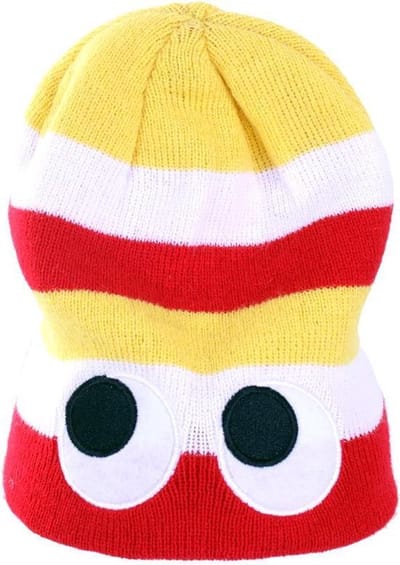 Gebreide muts rood/wit/geel met ogen