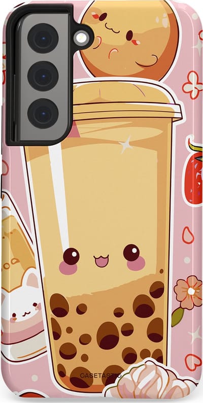 Casetastic Hoesje Geschikt voor Samsung S22 - Stijlvolle Beschermende Duo-layer Case - Kawaii Thee Design - Bubble Tea