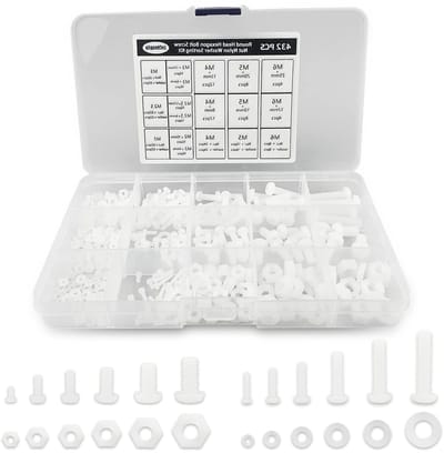 Complete Set van 432 Stuks Witte Nylon Plastic Rondkop Schroeven, Moeren en Ringen - M2 tot M6 voor Diverse Toepassingen