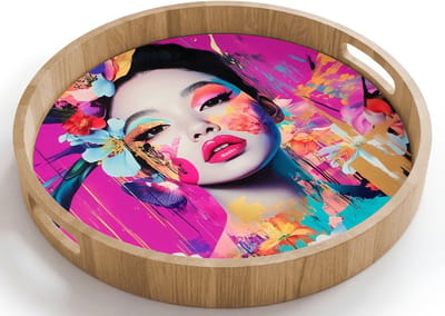 Dienblad rond 40x40 cm - Schootdienblad hout - Vrouw - Portret - Abstract - Paars - Borrelplank rechthoek - Plateau houten dienbladen