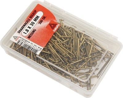 Draadnagels bolkop messing 1.6x25mm. lang. 200 gram. Deltafix.