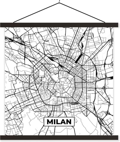Posterhanger incl. Poster 60x60 cm - Schoolplaat - Kaart - Milaan - Stadskaart - Zwart Wit - Plattegrond - Textielposter - Zwarte latten - Stadskaart