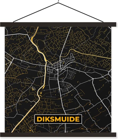 Posterhanger incl. Poster 60x60 cm - Schoolplaat - Stadskaart - Black en gold - Diksmuide - Plattegrond - Kaart - Textielposter - Zwarte latten - Stadskaart