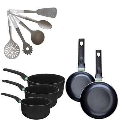 Set van 2 pannen 16/20 cm en 3 kookpotten 16/18/20 cm Fackelmann Brandao met 5 Vario keukengerei