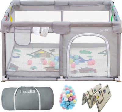 Lucellia® Grondbox Baby - Speelbox & Kruipbox - Speelmat & 50 Ballen - Licht grijs - 120x120x66 cm