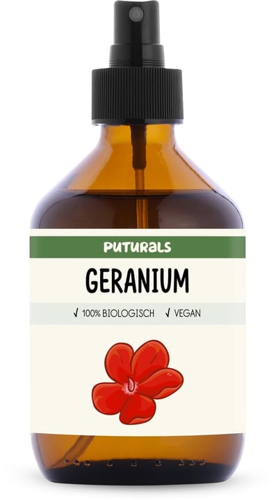 Puturals Geraniumwater 100% Biologisch - 300ml - Puur en Vegan - Geranium Spray voor Huid en Haar - Zonder Alcohol - Bijproduct van Geranium Olie - Bruine Glazen Fles + Verstuiver
