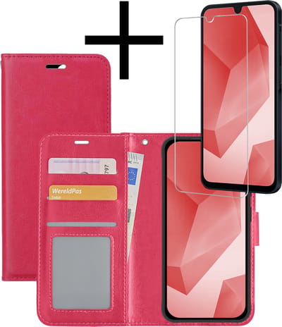 Hoesje - Met Screenprotector - Geschikt voor Samsung Galaxy A16 - Luxe Pasjeshouder - Bookcase Portemonee - Flip Case - Kunstleer Book Case - Flipcase - Book Cover - Walletcase - Portemonneehoes - Donkerroze