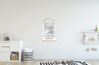 Posterhanger incl. Poster 60x90 cm - Schoolplaat - Kaart - Ingolstadt - Duitsland - Stadskaart - Plattegrond - Textielposter - Blanke latten - Stadskaart