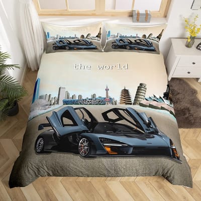 Raceauto Dekbedovertrek Set Queen Size 3D Auto Print Beddengoed Set Stijlvolle Decoratie Jongens Sport Dekbedovertrek Snelheid Sportwagen Quilt Set AU Single(140x210cm)