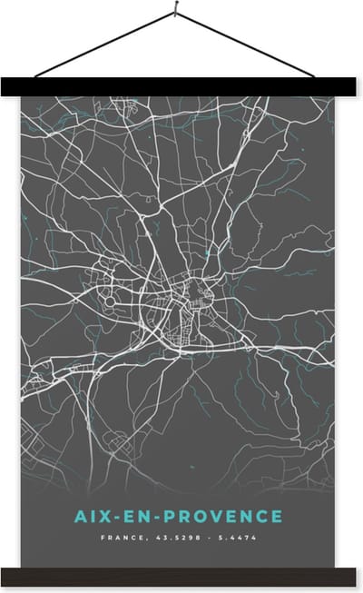 Posterhanger incl. Poster 40x60 cm - Schoolplaat - Frankrijk - Aix-en-Provence - Kaart - Stadskaart - Plattegrond - Textielposter - Zwarte latten - Stadskaart