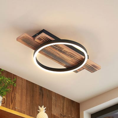 Lindby - LED plafondlamp- met dimmer - 1licht - Aluminium, dennenhout - H: 5.3 cm - Licht hout - Inclusief lichtbron