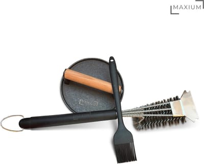 Maxium - Hamburgerpers XL - Gietijzer - Extra zwaar - 17,5 cm - BBQ Accessoires - Hamburgermaker - Grill Hamburger Press - Smash Burger Maker - Inclusief BBQ Borstel met Schraper & Siliconen Kwast - Vaderdag cadeau