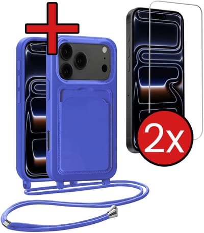 Hoesje Geschikt voor iPhone 17 Pro / 18 Pro Hoesje Met Telefoonkoord en Pasjeshouder Met 2x Screenprotector Siliconen - Hoes Geschikt voor iPhone 17 Pro / 18 Pro Hoesje Met Kaarthouder Case - Felblauw