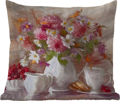 Buitenkussen Weerbestendig - Schilderij - Bloemen - Vaas - Olieverf - 50x50 cm