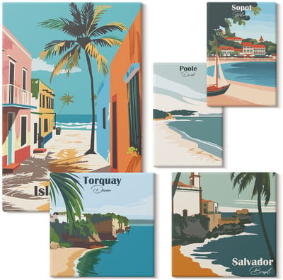 Wallfluent Set van canvas schilderijen - Kleurrijke uitzichten op kustplaatsen en stranden Canvas Schilderijen Set - Set van 5 Canvas Schilderijen - Veelkleurig Set van Canvas Prints - Steden Canvas Kunst Set - Boheemse Canvas Kunst Set