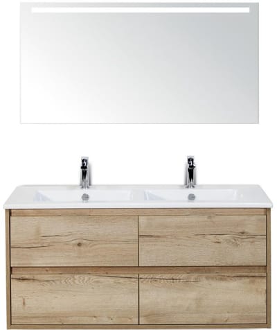 Porto Badmeubelset 120 cm - 4 Laden Natuur Eiken - Keramische Wastafel Wit Slim met Sence Spiegel