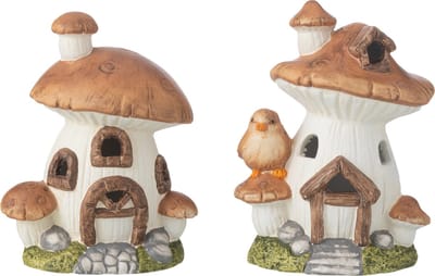 J-Line decoratie Huis Paddenstoel - porselein - mix - 2 stuks - LED lichtjes