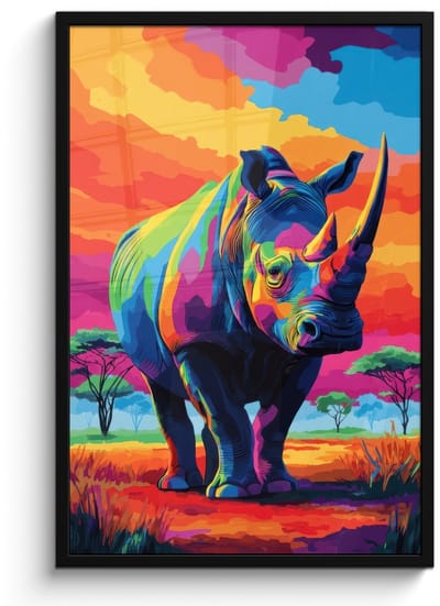 Poster in lijst - Fotolijst 60x90 cm - Posters - Neushoorn - Zonsondergang - Savanna - Kleurrijk - Posterlijst zwart - Decoratie - Wanddecoratie woonkamer - Muurdecoratie slaapkamer
