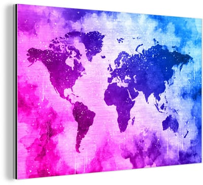Aluminium schilderij 150x100 cm - Wanddecoratie metaal - Wereldkaart - Roze - Paars - Metalen muurdecoratie woonkamer - Decoratie industrieel - Foto op dibond - Industriële accessoires slaapkamer