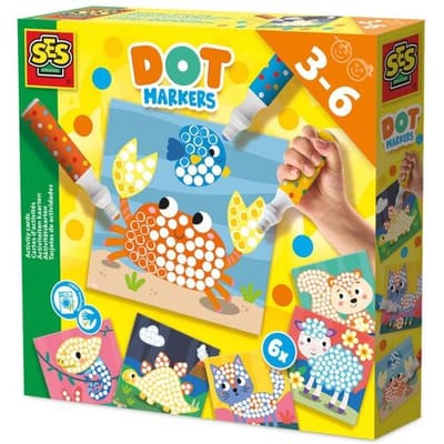 SES Creative - Dot Markers met 6 Kleurplaten - 3 XXL Stipstiften in geel, oranje en blauw - Grote stippen maken - Uitwasbaar - Knutselset voor kinderen vanaf 3 jaar