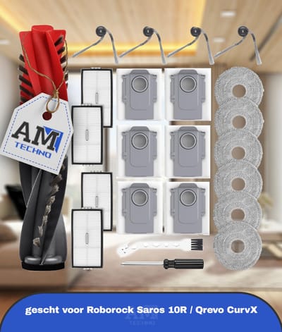 24 stuks accessoires gescht voor Roborock Saros 10R / Qrevo CurvX robotstofzuiger, 2 hoofdborstels, 6 stofzakken, 6 dweilpads, 4 HEPA-filters, 4 zijborstels, 1 reinigingsborstel, 1 schroevendraaier