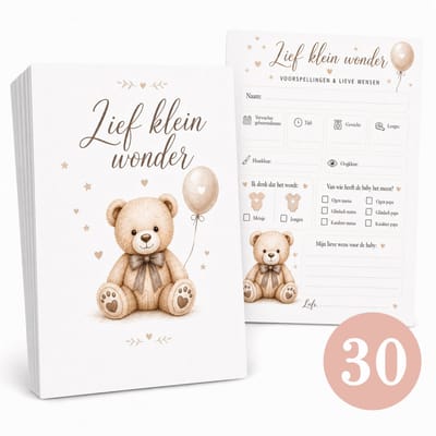 Babyshower Invulkaarten 30 stuks - XL Voordeelverpakking - Beertje met ballon - Collectie Lief klein wonder - A6 formaat - Voorspellingskaarten - Babyshower Spelletjes - Jongen of Meisje