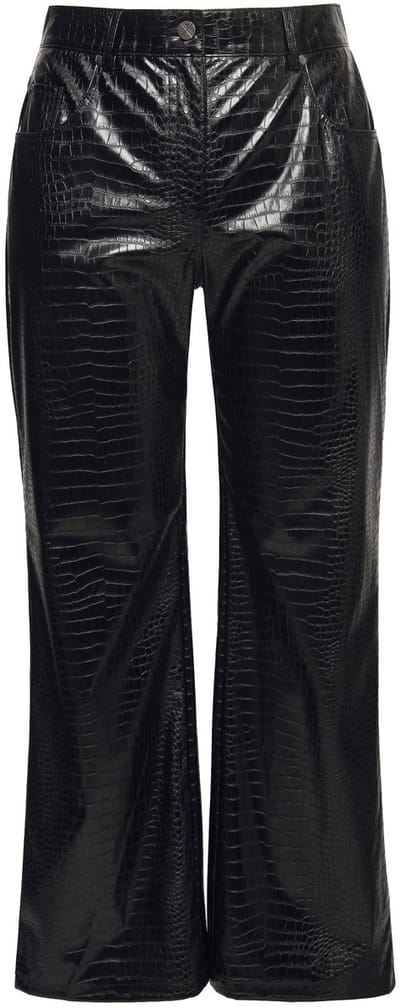 Ulla Popken - Dames - Mary leren look broek wijde pijp krokodillenmotief - Zwart - Maat 46