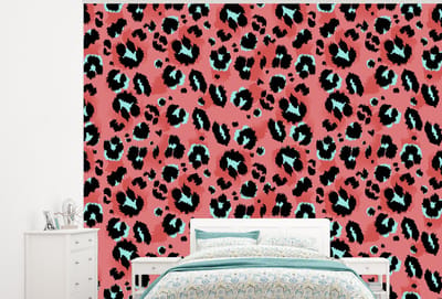 Behang - Fotobehang Panterprint - Roze - Blauw - Patroon - Breedte 300 cm x hoogte 240 cm