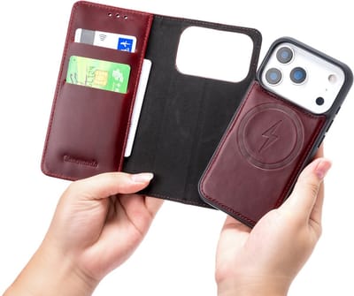 CaseMania Bookcase hoesje geschikt voor iPhone 17 Pro - Effen Bordeaux - Leer - 2-in-1 Magnetisch Uitneembaar Design - Compatible met MagSafe