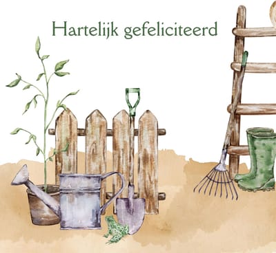 Wenskaart hartelijk gefeliciteerd tuinhekje ladder – 13x13 cm – gevouwen kaart – inclusief witte envelop – stevig papier – felicitatiekaart