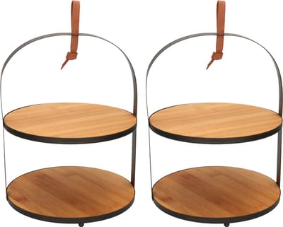 Set van 2x stuks etageres 2-laags van bamboe B21 x H26 x D21 cm - Ronde etagere - High Tea serveerplateau