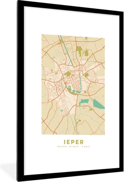 Fotolijst incl. Poster - Stadskaart - Ieper - Kaart - Vintage - Plattegrond - 60x90 cm - Posterlijst