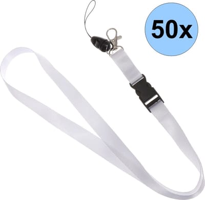 50 Witte Keycords - Keycord - Lanyard - Sleutelkoord - Badgehouder - 51cm - 20mm - Wit - 50 Stuks