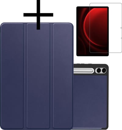 Hoes - Geschikt voor Samsung Galaxy Tab S9 FE Plus - Met Screenprotector - Trifold Bookcase - Hard Cover Case - Met Uitsparing Geschikt voor S Pen - Hardcover Book - Tablet Hoesje - Donkerblauw