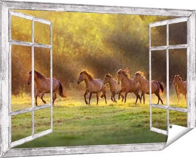 Gards Tuinposter Doorkijk Kudde Bruine Paarden in de Wei - 150x100 cm - Tuindoek - Tuindecoratie - Wanddecoratie buiten - Tuinschilderij