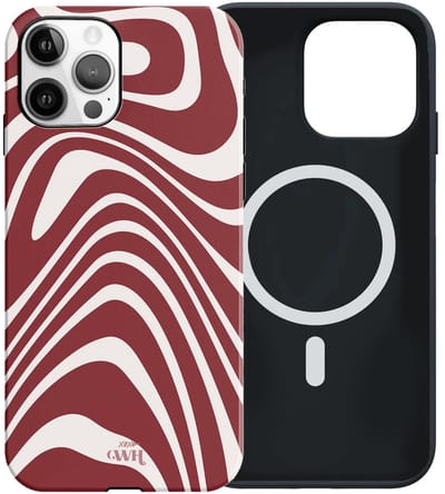 xoxo Wildhearts siliconen hoesje geschikt voor iPhone 12 Pro Max MagSafe hoesje - Boogie Wonderland Red - Double Layer - Magnetisch telefoonhoesje - Magneet case - Backcover met dubbele bescherming - Golvenprint - Golvend patroon - Rood