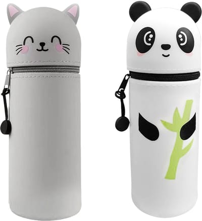 siliconen tas, 2-in-1 etui, dierenpotloodhouder, tafelpennenhouder, stand-up etui, schattig etui voor jongens en meisjes, Panda bamboe + kat grijs, 19x15x7 cm, Kawaii